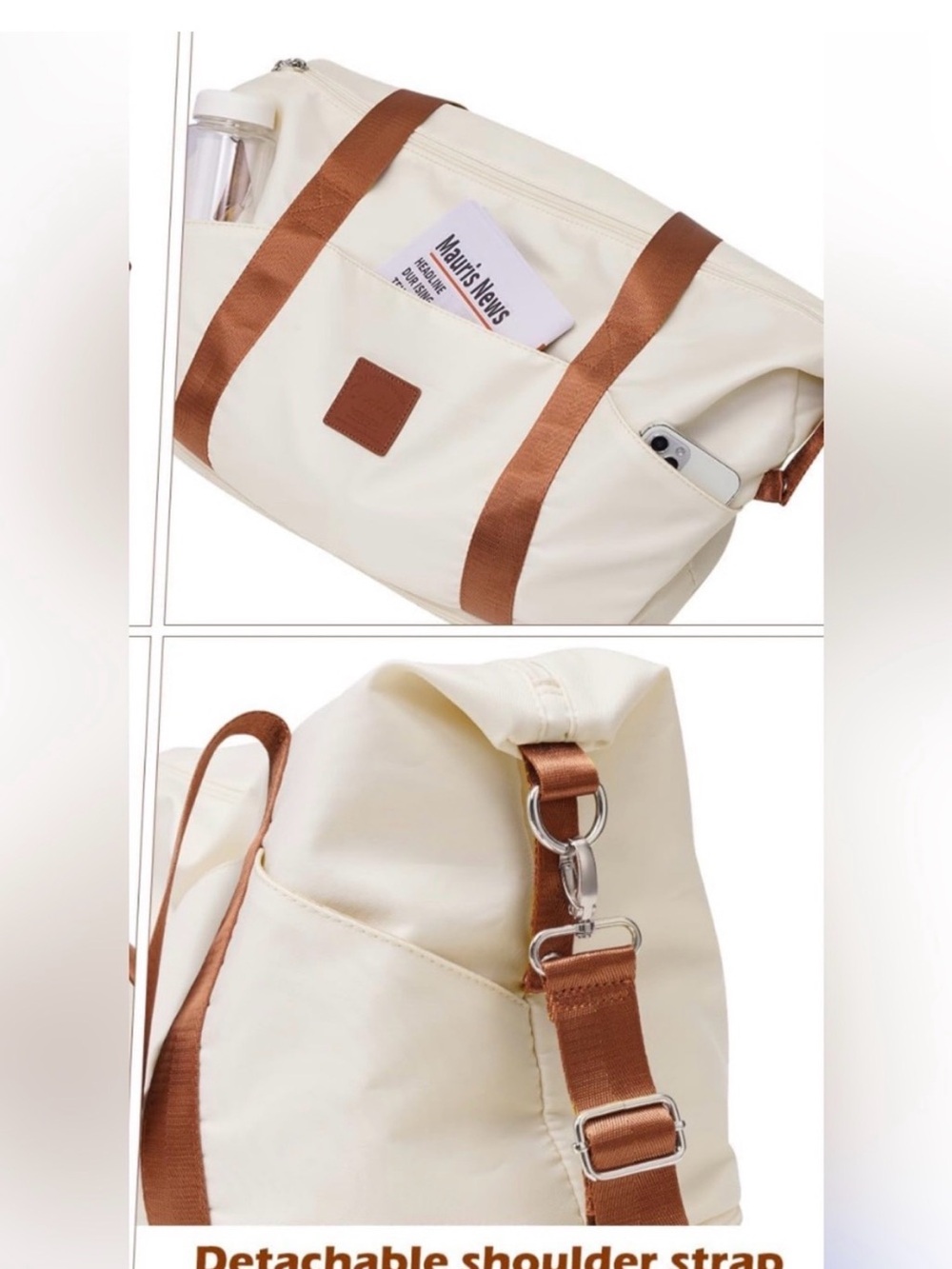 Coolife Expandable Weekender Bag  Cream with Bronze Straps - Picture 4 of 10